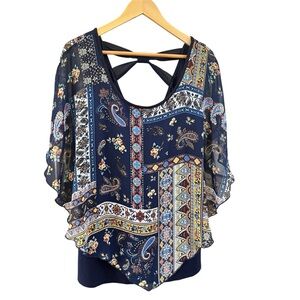 Naif Anthropologie Paisley Floral Flutter Popover Top Navy Blue Sheer Layered L
